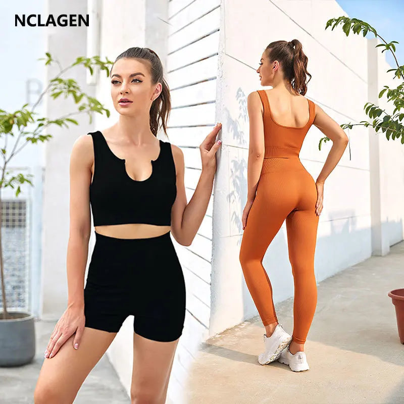 NCLAGEN Women's High Waist Ribbed Seamless Yoga Shorts